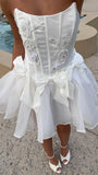 Niulatu White Strapless A-Line Tulle Beaded Short Prom Dresses Homecoming Dresses HZ1103