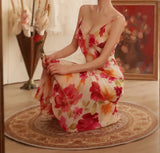 Niulatu Spaghetti Straps Sheath Print Chiffon Prom Dresses Formal Evening Gowns HZ1103