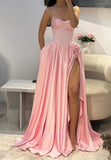 Niulatu Strapless Pink A-Line Satin Long Prom Dresses Formal Evening Gowns with Slits HZ1103