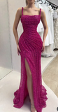 Niulatu Fuchsia Square Neck Mermaid Sequin Long Prom Dresses Formal Evening Gowns with Slits HZ1103