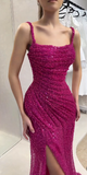 Niulatu Fuchsia Square Neck Mermaid Sequin Long Prom Dresses Formal Evening Gowns with Slits HZ1103