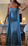 Niulatu Blue Strapless Sheath Satin Long Prom Dresses Formal Evening Gowns HZ1103
