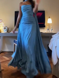 Niulatu Blue Strapless Sheath Satin Long Prom Dresses Formal Evening Gowns HZ1103