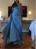 Niulatu Blue Strapless Sheath Satin Long Prom Dresses Formal Evening Gowns HZ1103