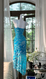 Niulatu Blue Spaghetti Straps Sheath Chiffon Sequin Long Prom Dresses Elegant Formal Evening Gowns HZ1103