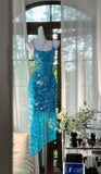 Niulatu Blue Spaghetti Straps Sheath Chiffon Sequin Long Prom Dresses Elegant Formal Evening Gowns HZ1103