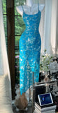 Niulatu Blue Spaghetti Straps Sheath Chiffon Sequin Long Prom Dresses Elegant Formal Evening Gowns HZ1103