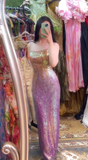 Niulatu Gold Spaghetti Straps Sheath Sequin Long Prom Dresses Formal Evening Gowns HZ1103