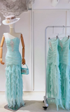 Niulatu Tiffany Blue Strapless Bodycon Chiffon Long Prom Dresses Formal Evening Gowns HZ1031