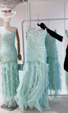 Niulatu Tiffany Blue Strapless Bodycon Chiffon Long Prom Dresses Formal Evening Gowns HZ1031