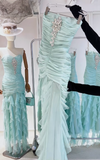 Niulatu Tiffany Blue Strapless Bodycon Chiffon Long Prom Dresses Formal Evening Gowns HZ1031