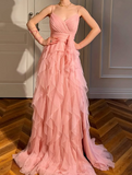 Niulatu Peach Spaghetti Straps A-Line Layered Tulle Long Prom Dresses Formal Evening Gowns HZ1031