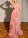 Niulatu Peach Spaghetti Straps A-Line Layered Tulle Long Prom Dresses Formal Evening Gowns HZ1031