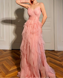 Niulatu Peach Spaghetti Straps A-Line Layered Tulle Long Prom Dresses Formal Evening Gowns HZ1031
