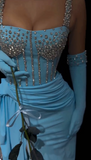 Niulatu Blue Square Neck Bodycon Chiffon Long Prom Dresses Formal Evening Gowns with Rhinestones HZ1031