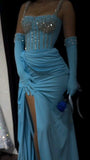 Niulatu Blue Square Neck Bodycon Chiffon Long Prom Dresses Formal Evening Gowns with Rhinestones HZ1031