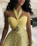 Niulatu Butter Yellow Halter Neck A-Line Beaded Tulle Homecoming Dresses Short Prom Dresses HZ1031