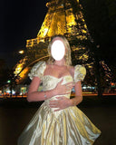 Niulatu Yellow Square Neck A-Line Satin Homecoming Dresses Short Sleeves Prom Dresses HZ1031