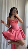 Niulatu Hot Pink Strapless A-Line Satin Homecoming Dresses Short Prom Dresses with Bow HZ1031