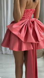 Niulatu Hot Pink Strapless A-Line Satin Homecoming Dresses Short Prom Dresses with Bow HZ1031