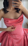 Niulatu Hot Pink Strapless A-Line Satin Homecoming Dresses Short Prom Dresses with Bow HZ1031