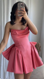 Niulatu Hot Pink Strapless A-Line Satin Homecoming Dresses Short Prom Dresses with Bow HZ1031