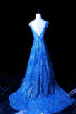 Niulatu Royal Blue V-neck A-Line Beaded Tulle Long Prom Dresses Formal Evening Gowns HZ1031