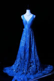 Niulatu Royal Blue V-neck A-Line Beaded Tulle Long Prom Dresses Formal Evening Gowns HZ1031