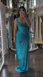 Niulatu Turquoise Scoop Neck Sheath Sequin Long Prom Dresses Formal Evening Gowns with Slits HZ1031