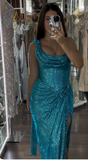 Niulatu Turquoise Scoop Neck Sheath Sequin Long Prom Dresses Formal Evening Gowns with Slits HZ1031
