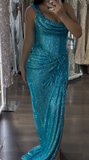 Niulatu Turquoise Scoop Neck Sheath Sequin Long Prom Dresses Formal Evening Gowns with Slits HZ1031