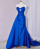 Niulatu Royal Blue Sweetheart Neck Sheath Satin Long Prom Dresses Formal Evening Gowns with Slits HZ1031