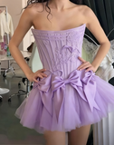 Niulatu White Strapless A-Line Satin Tulle Short Prom Dresses Homecoming Dresses with Bow HZ1031