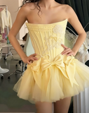 Niulatu White Strapless A-Line Satin Tulle Short Prom Dresses Homecoming Dresses with Bow HZ1031