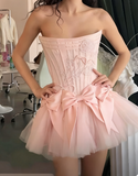 Niulatu White Strapless A-Line Satin Tulle Short Prom Dresses Homecoming Dresses with Bow HZ1031