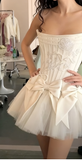 Niulatu White Strapless A-Line Satin Tulle Short Prom Dresses Homecoming Dresses with Bow HZ1031