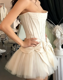 Niulatu White Strapless A-Line Satin Tulle Short Prom Dresses Homecoming Dresses with Bow HZ1031