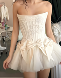 Niulatu White Strapless A-Line Satin Tulle Short Prom Dresses Homecoming Dresses with Bow HZ1031
