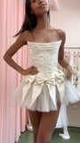 Niulatu White Strapless A-Line Satin Tulle Short Prom Dresses Homecoming Dresses with Bow HZ1031