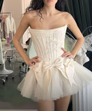 Niulatu White Strapless A-Line Satin Tulle Short Prom Dresses Homecoming Dresses with Bow HZ1031