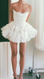 Niulatu White Strapless A-Line Satin Tulle Short Prom Dresses Homecoming Dresses with Bow HZ1031