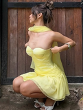 Niulatu Butter Yellow Strapless A-Line Satin Tulle Short Prom Dresses Homecoming Dresses HZ1031