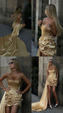 Niulatu Yellow Spaghetti Straps Sheath Satin Short Prom Dresses Homecoming Dresses HZ1031