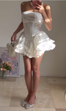 Niulatu White Strapsless A-Line Satin Short Prom Dresses Homecoming Dresses with Bow HZ1031