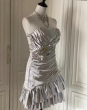 Niulatu Silver Strapless Sheath Satin Beaded Short Prom Dresses Homecoming Dresses HZ1031