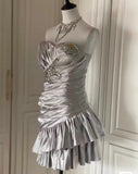Niulatu Silver Strapless Sheath Satin Beaded Short Prom Dresses Homecoming Dresses HZ1031