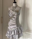 Niulatu Silver Strapless Sheath Satin Beaded Short Prom Dresses Homecoming Dresses HZ1031
