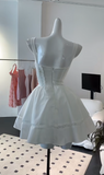 Niulatu White Square Neck A-Line Satin Short Prom Dresses Homecoming Dresses HZ1031