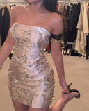 Niulatu Champagne Strapless Bodycon Satin Beaded Short Prom Dresses Fashion Homecoming Dresses HZ1031
