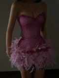 Niulatu Fuchsia Strapless Bodycon Beading Feathers Short Prom Dresses Fashion Homecoming Dresses HZ1031